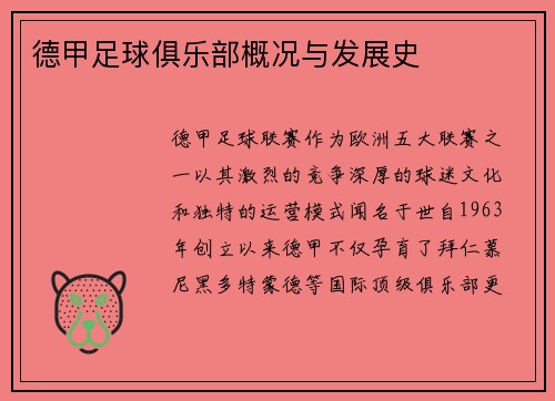 德甲足球俱乐部概况与发展史